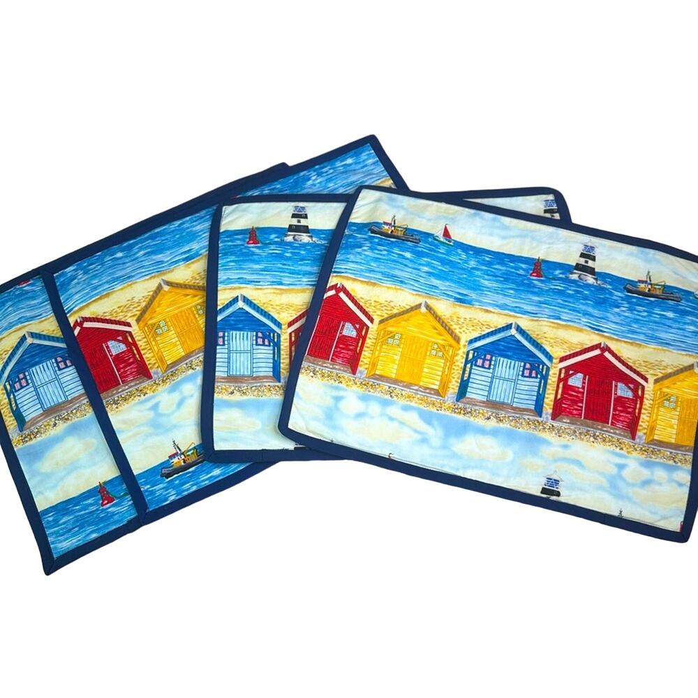 Four Handmade Placemats Lighthouses Nautical Beach Shacks - MULTICOLORED